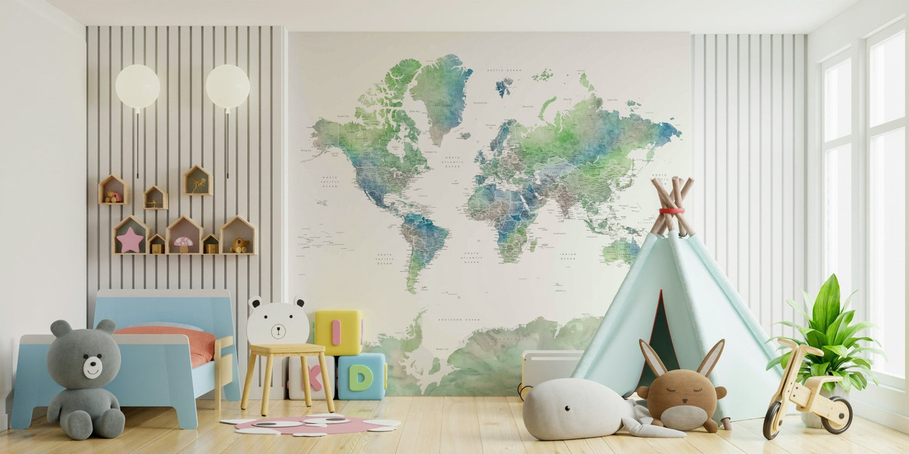 Gentle green world map wallpaper design


