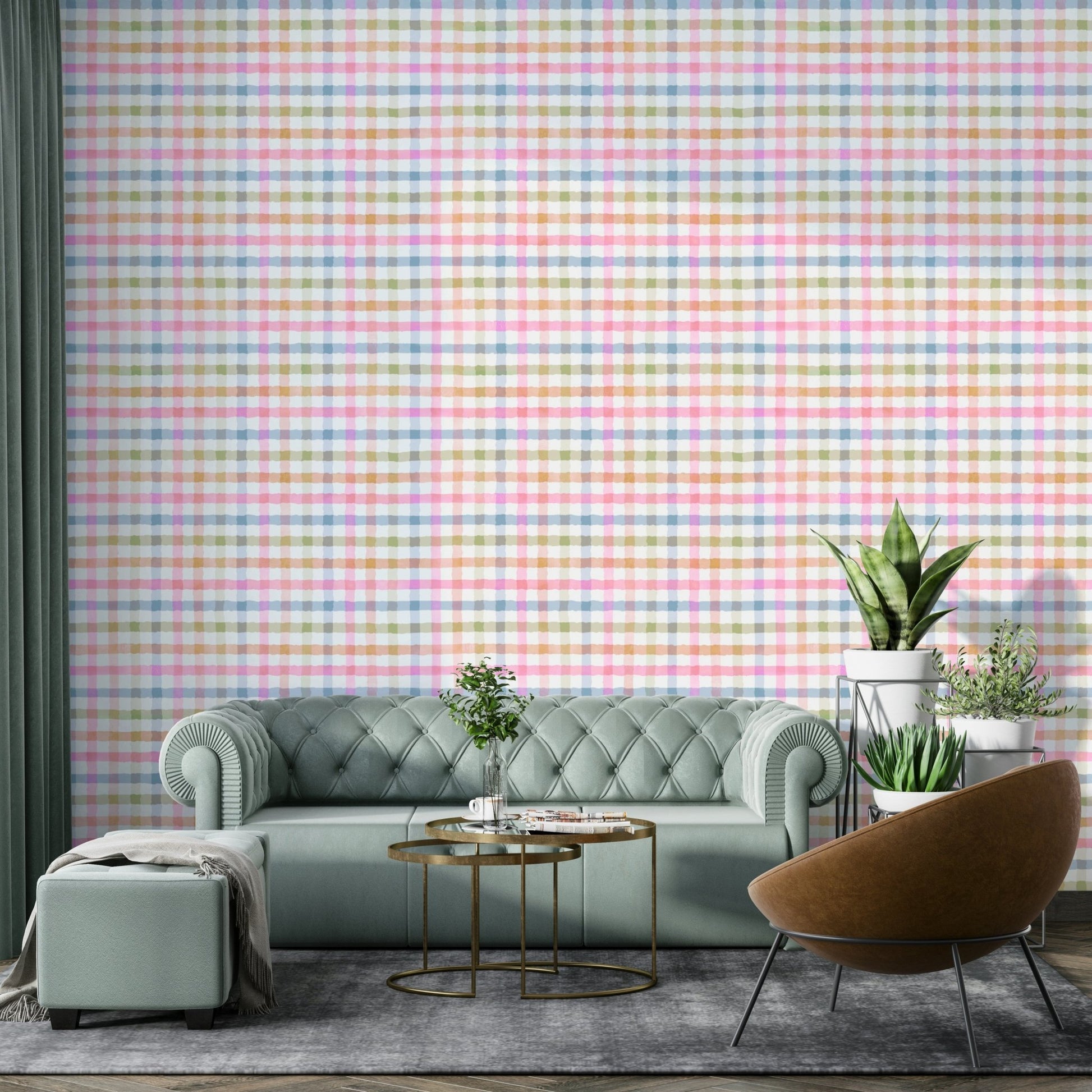 Checkered wall mural in muted pink and cream tones

