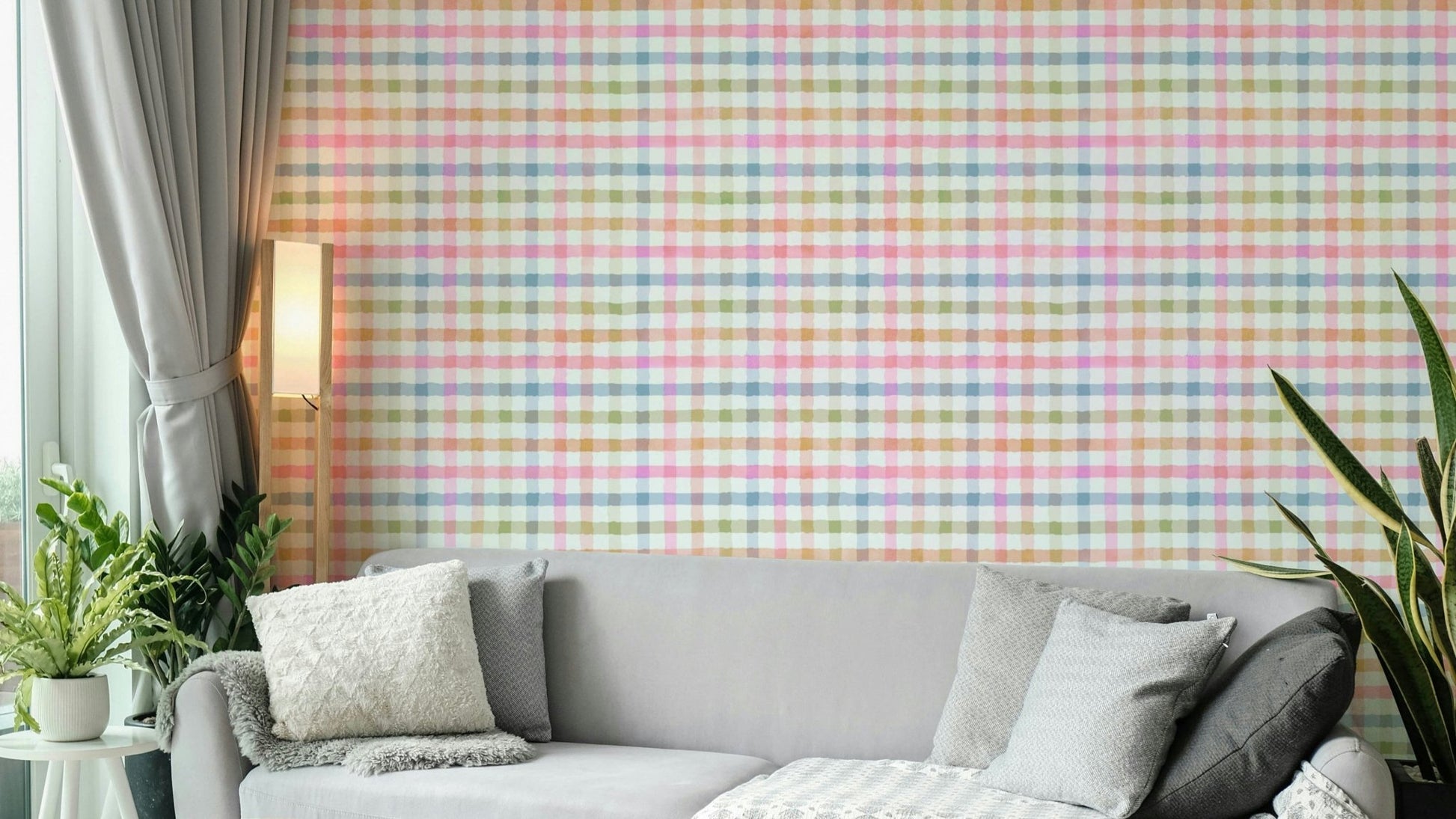 Soft pastel gingham wallpaper with hand-painted style


