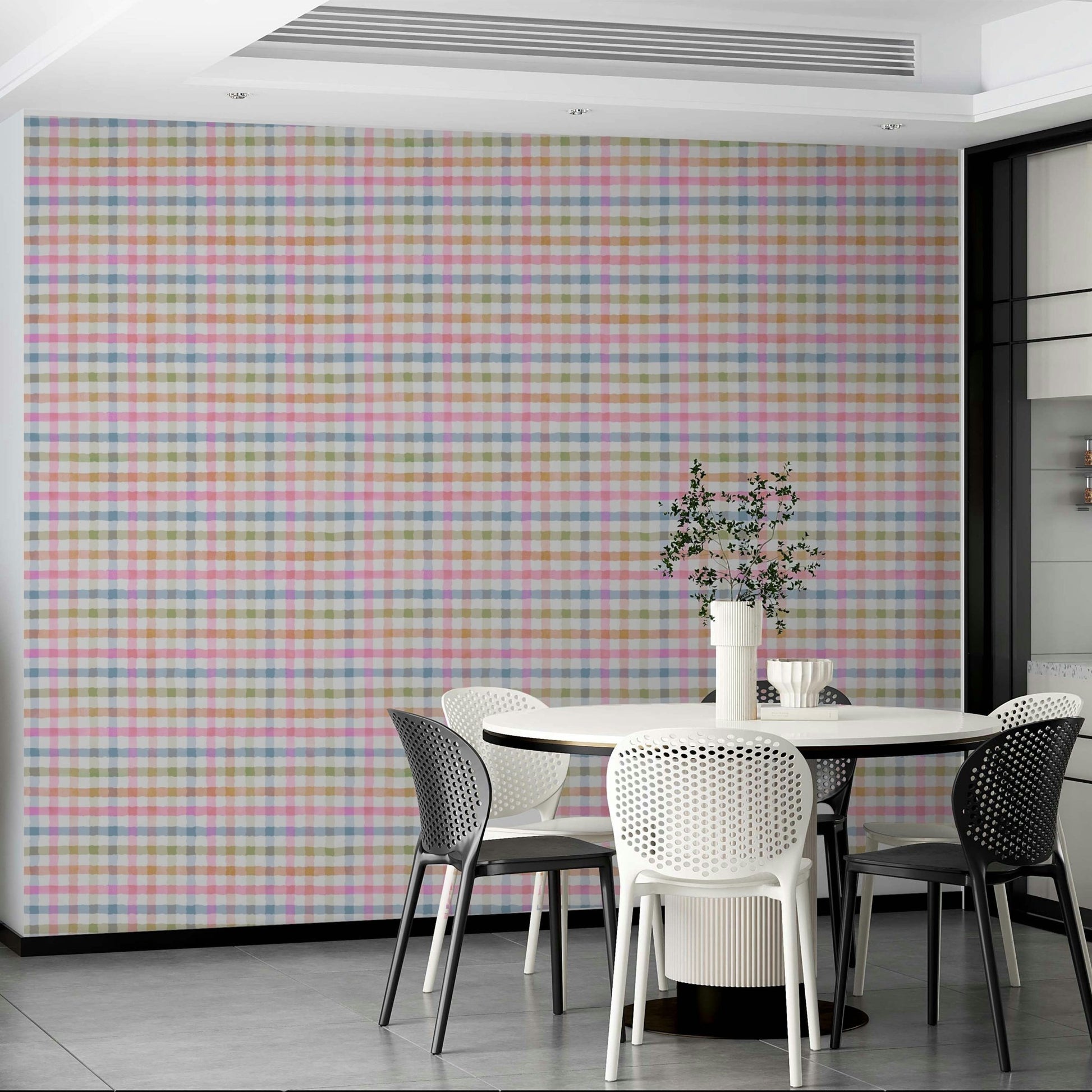 Hand-painted checkered wallpaper in soft hues

