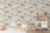 Hand-drawn wildlife wallpaper in ivory
