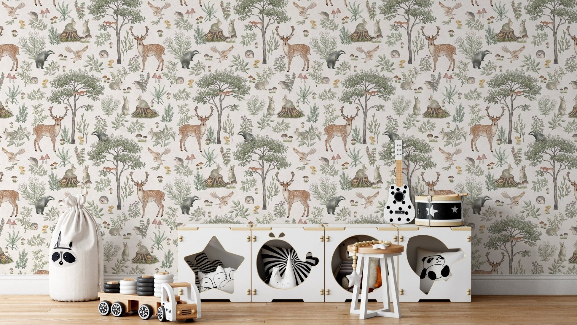 Storybook-style forest wallpaper print
