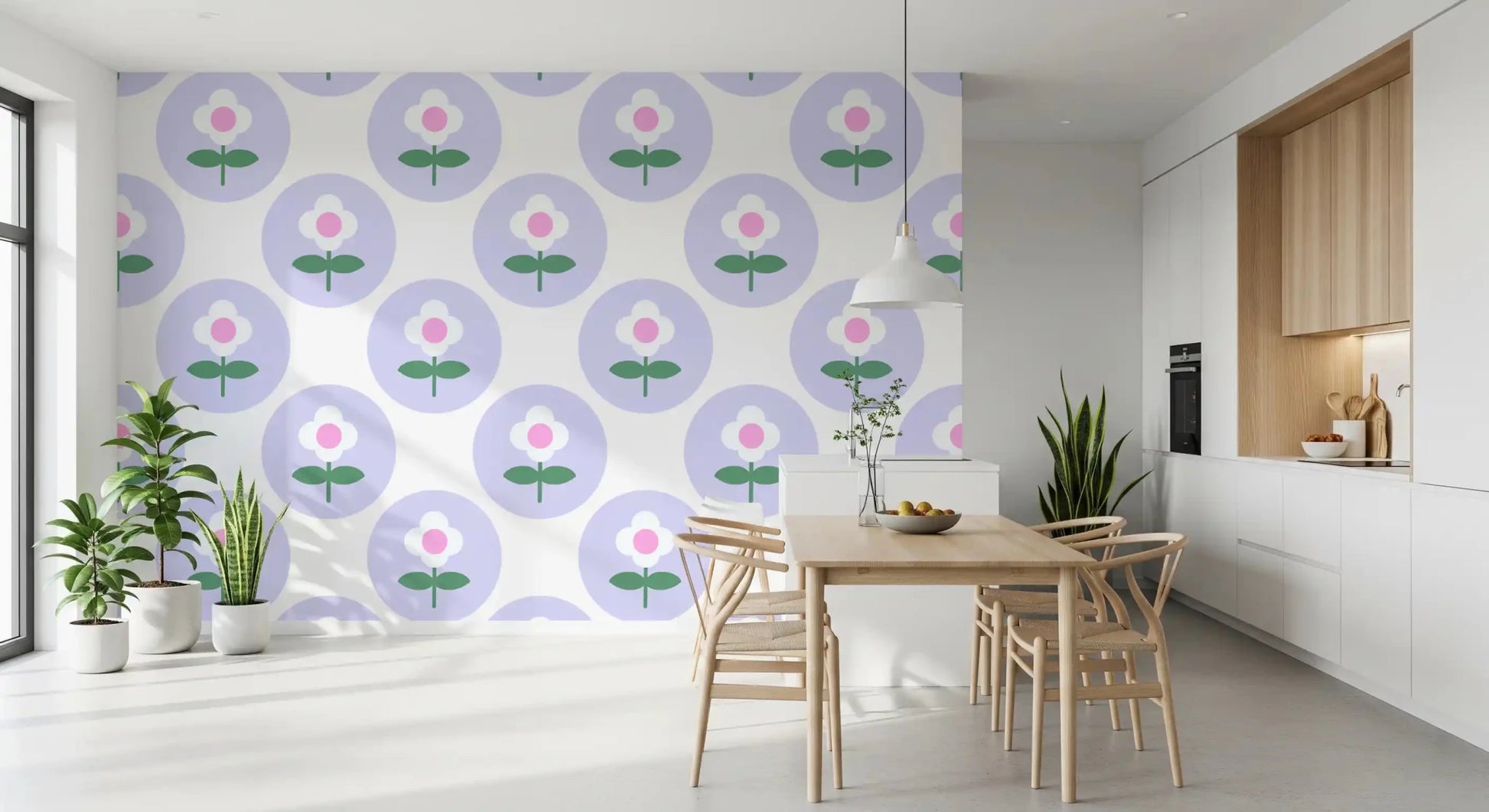 Welcoming Dining room featuring a lavender floral pattern on this wallpaperGD9454