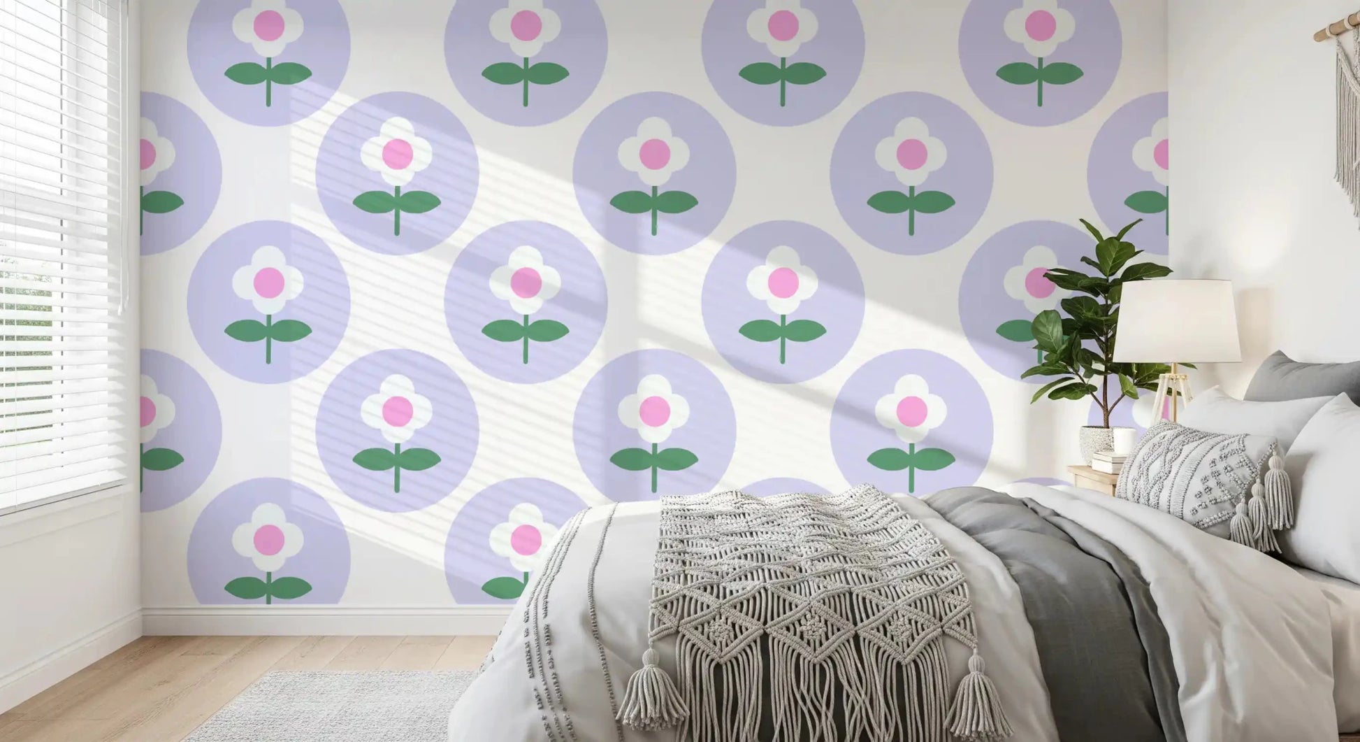 Constant repeat of the floral circles on this Soft Lavender Bloom wallpaperGD9454