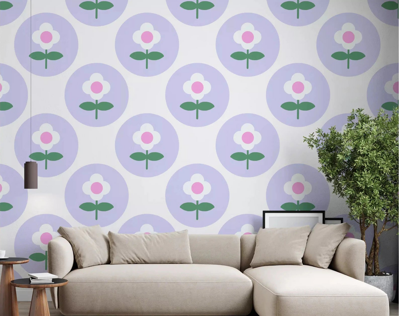 Soft purple floral circles on this wallpaper in a bright living room GD9454