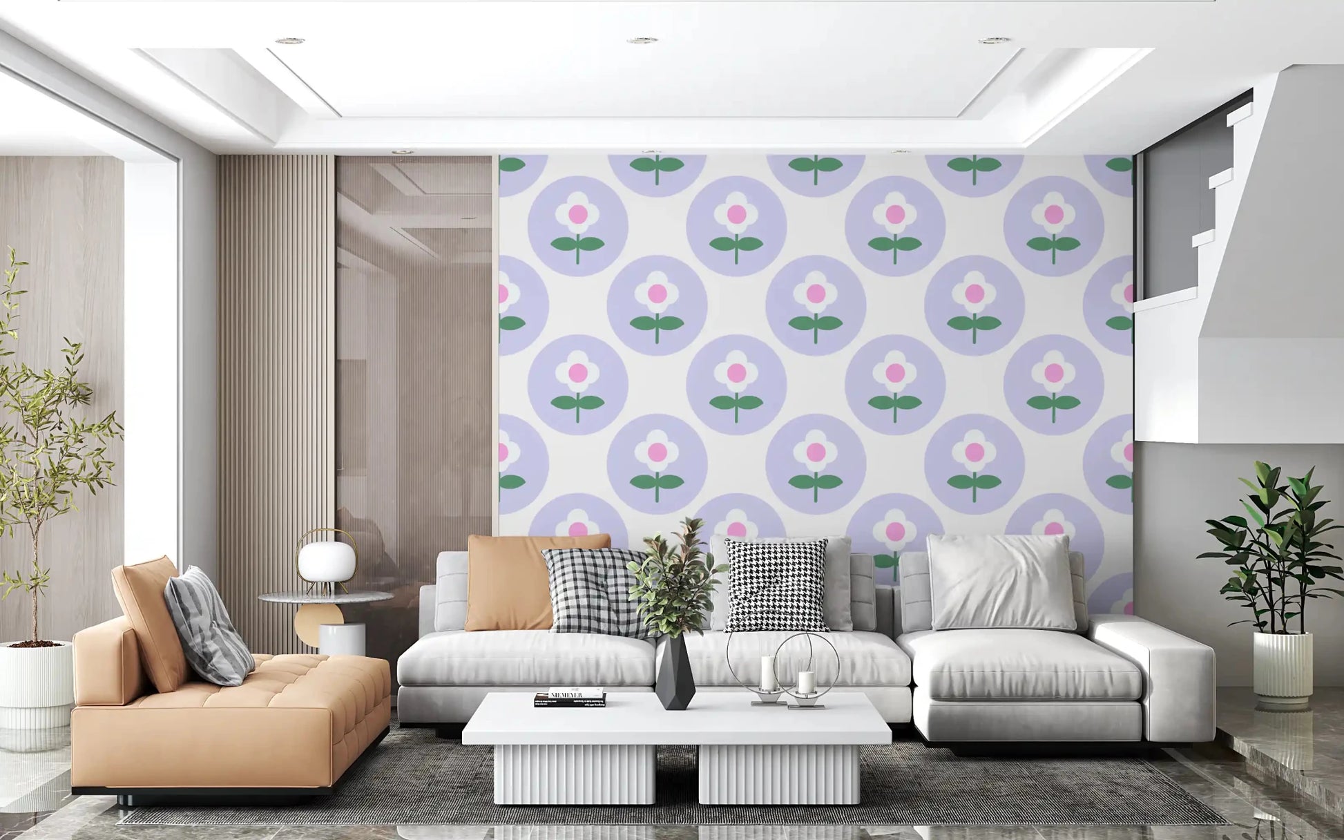 Fresh green leaves and purple circles on this Lavender Bloom wallpaperGD9454