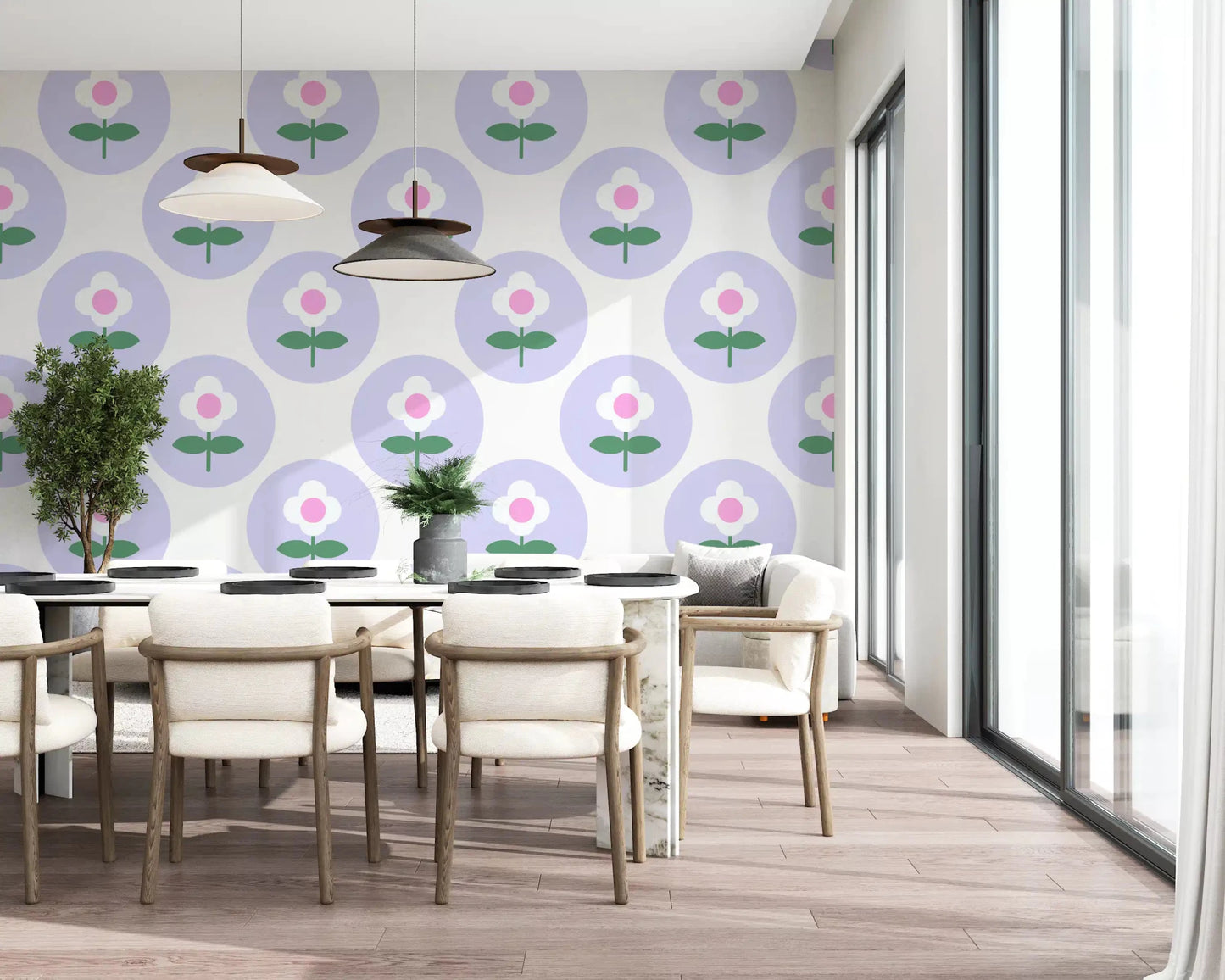 Playful purple circular motifs for a wallpaper in a modern Dining room 