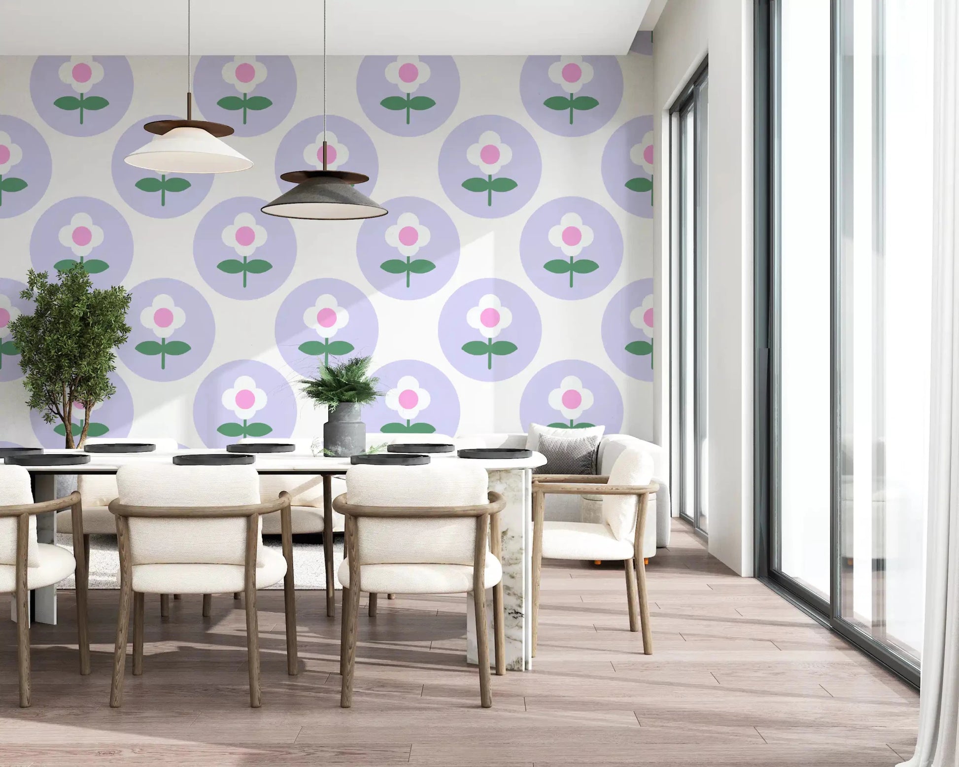 Playful purple circular motifs for a wallpaper in a modern Dining room 
