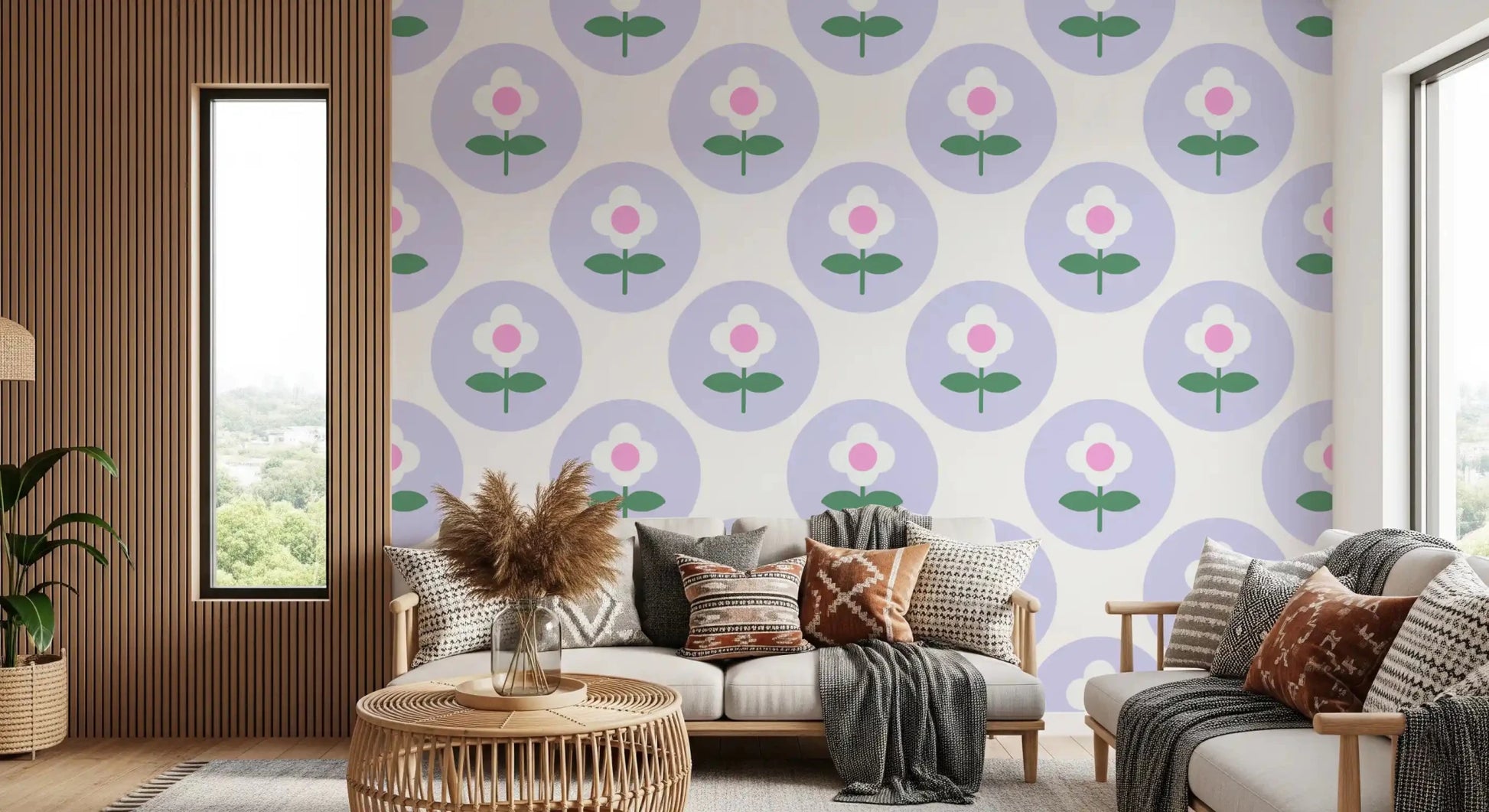 Zoomed view of the pink centers on the Lavender Bloom wallpaper patternGD9454