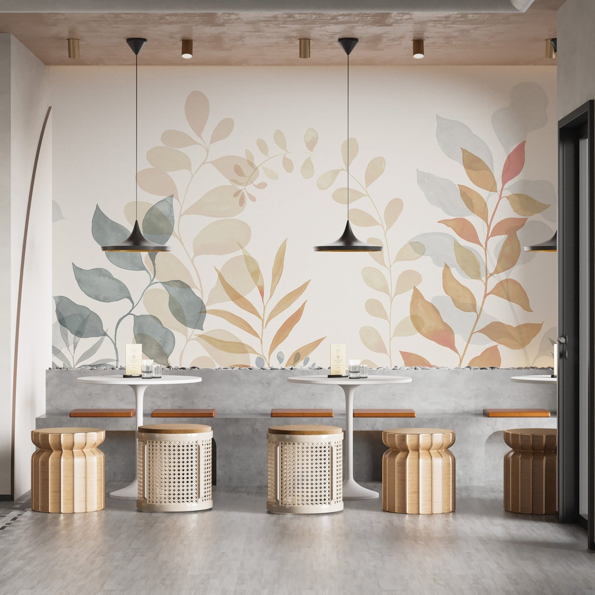 Soft pastel leaves wall mural design., C129