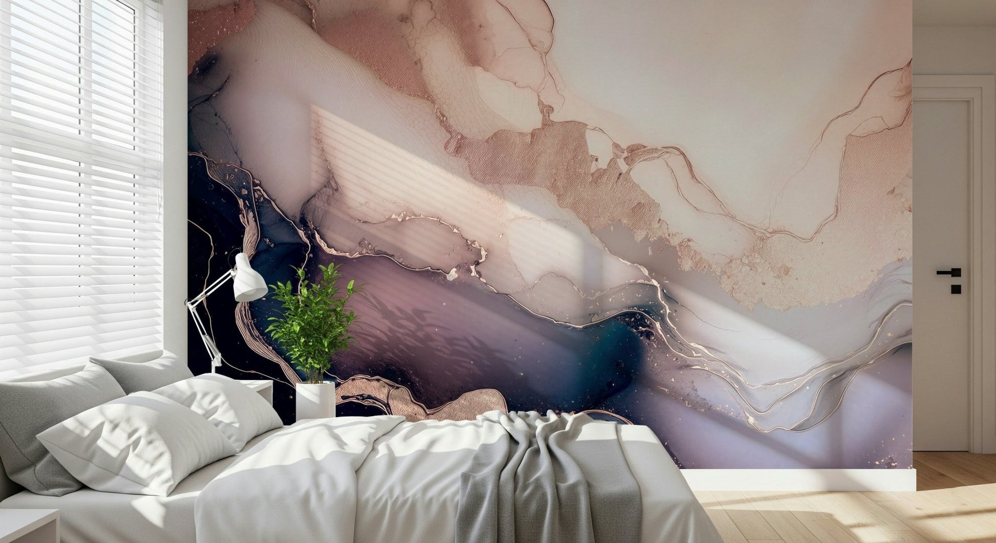 Bedroom accent wall showcasing the calming Soft Mineral Hues Purple Wall Mural.