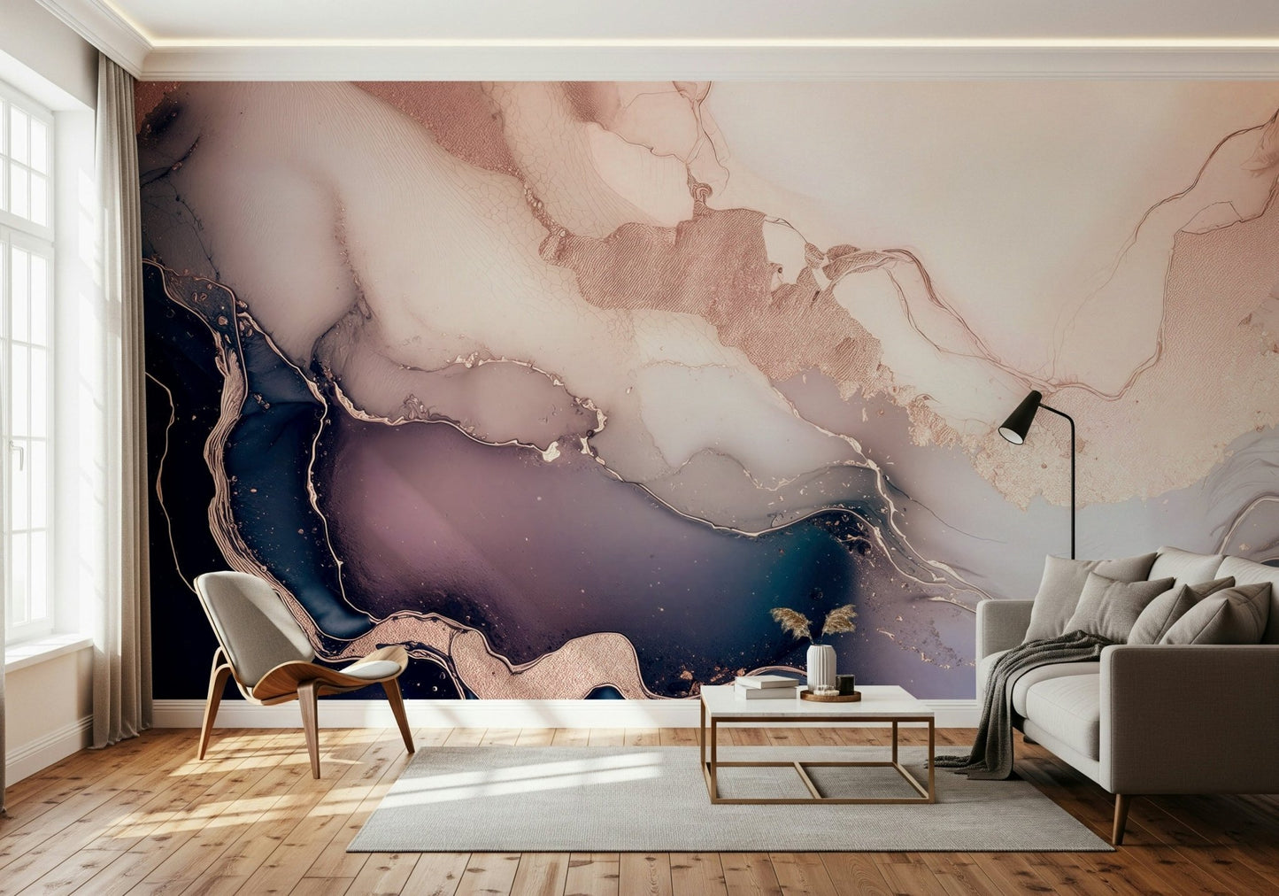 The artistic watercolor effect of the Soft Mineral Hues Purple Wall Mural.