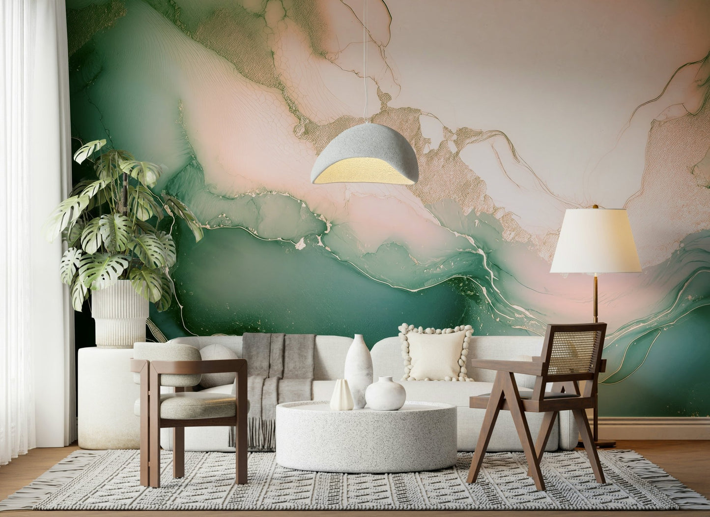 Home office decor using the serene Soft Mineral Hues Sage-Rose Wall Mural design.