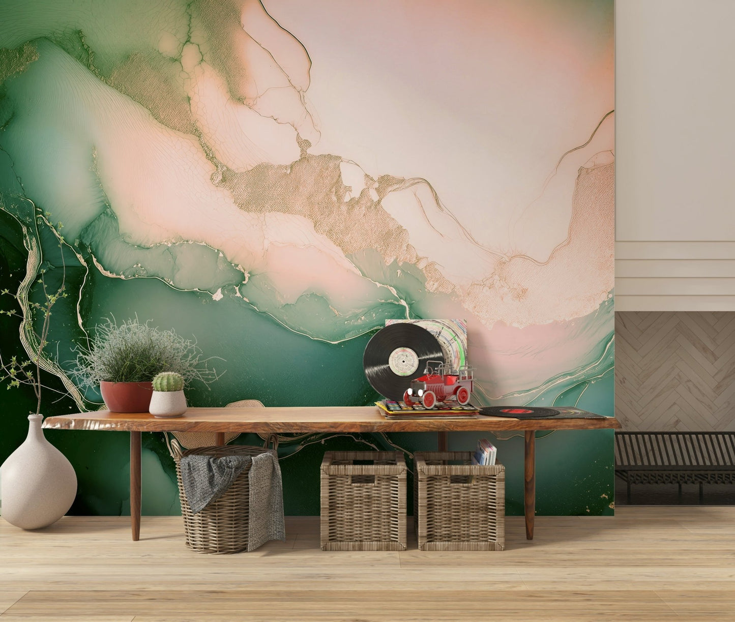 Subtle texture and soft tones defining the Soft Mineral Hues Sage-Rose Wall Mural.