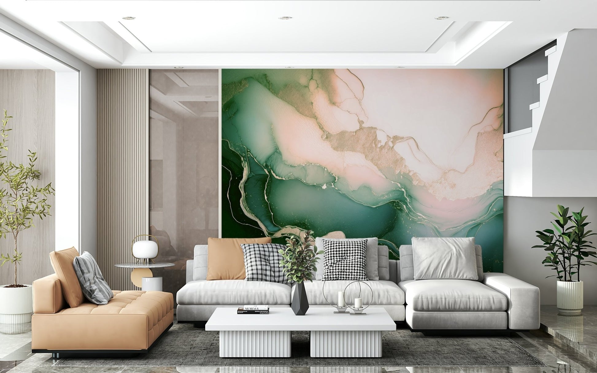 Modern bedroom featuring the calm Soft Mineral Hues Sage-Rose Wall Mural.