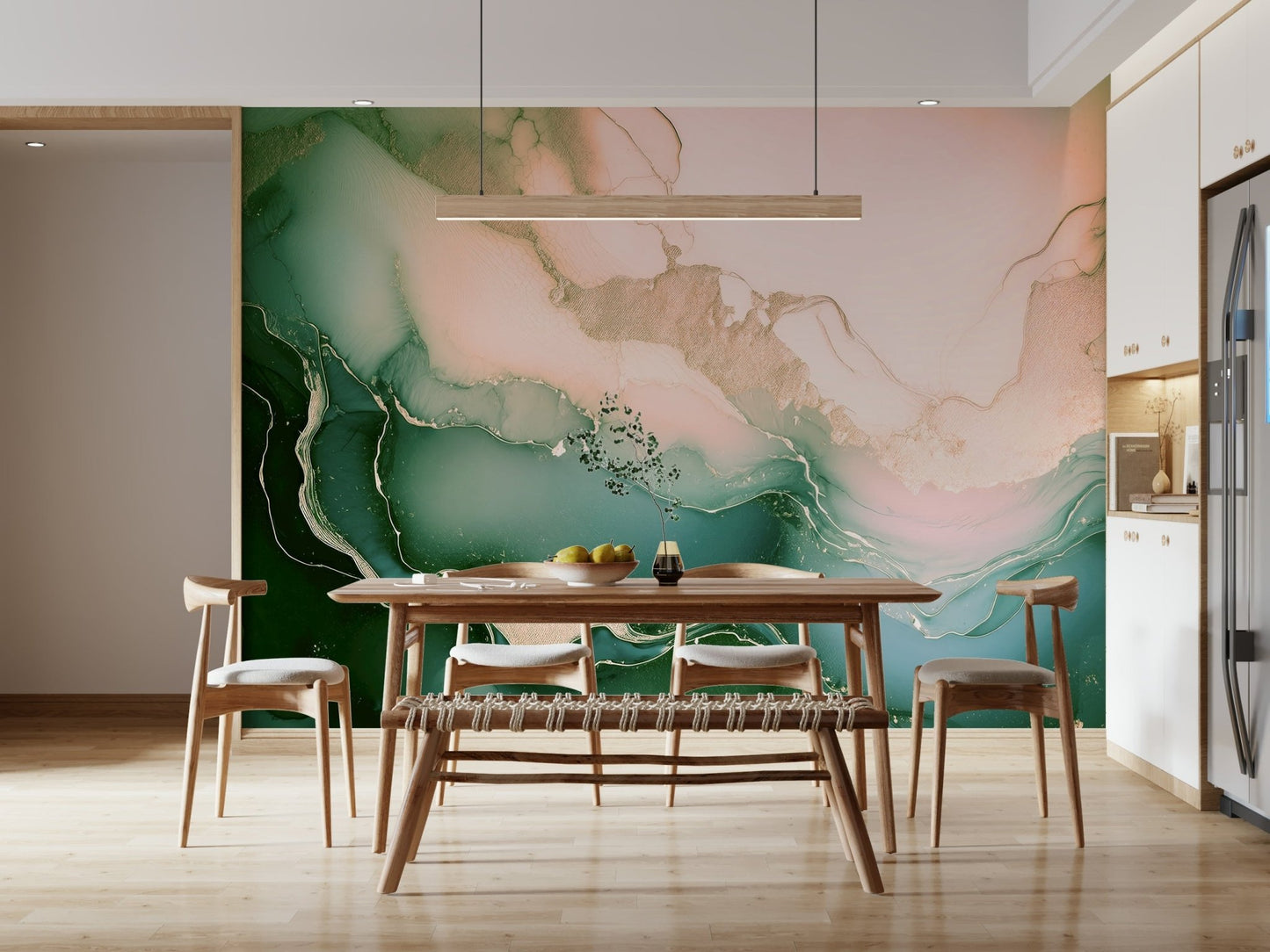 Wall corner view of the layered pattern in the Soft Mineral Hues Sage-Rose Wall Mural.