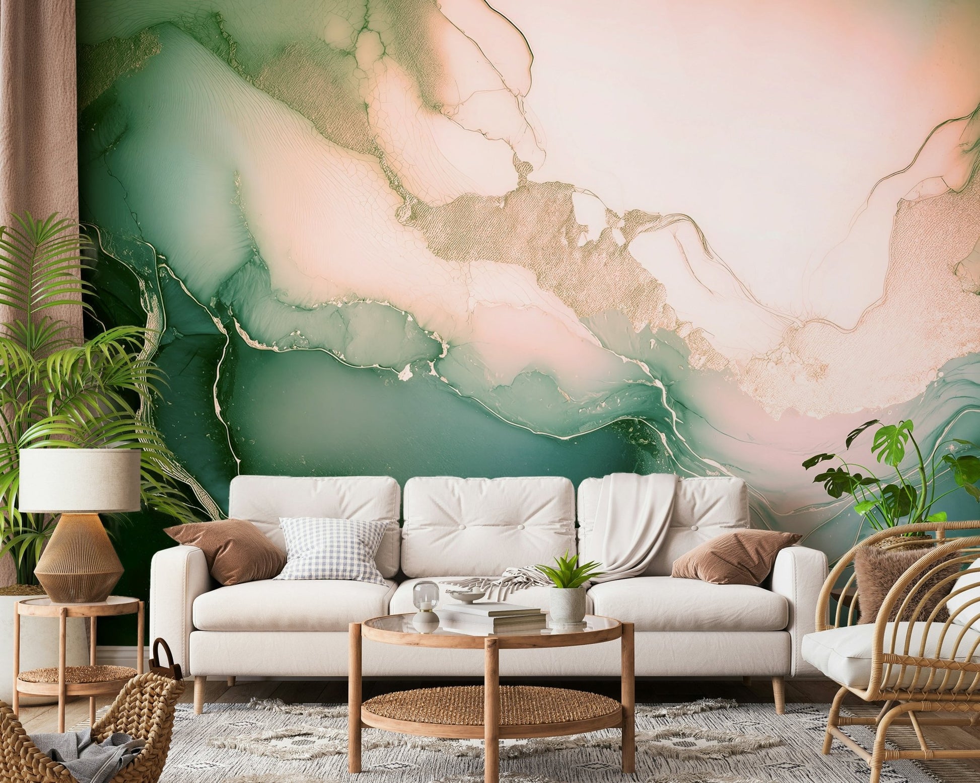Abstract layers in sage and rose of the Soft Mineral Hues Sage-Rose Wall Mural.