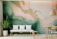 Living room accent wall showcasing the beautiful Soft Mineral Hues Sage-Rose Wall Mural.