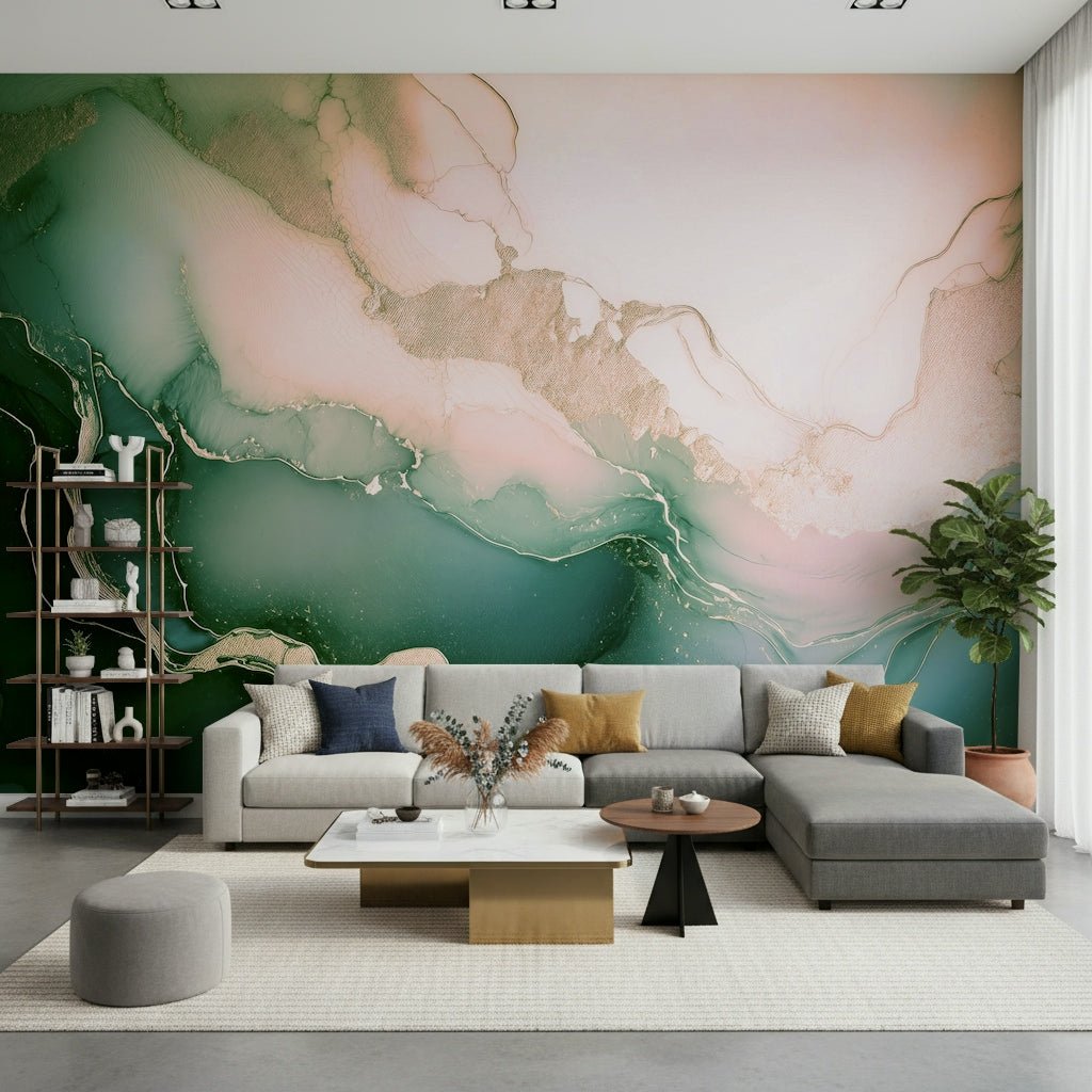 Artistic render of the Soft Mineral Hues Sage-Rose Wall Mural in a quiet nursery.