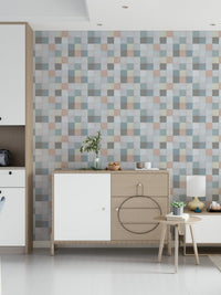 Serene bathroom wall featuring the Blue Mist Soft Mosaic wallpaper.