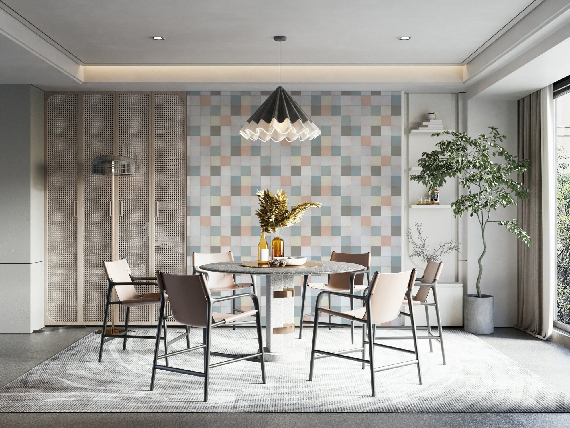 Seamless grid pattern of Soft Mosaic Tiles in blue mist, peach, and grey., GD6386