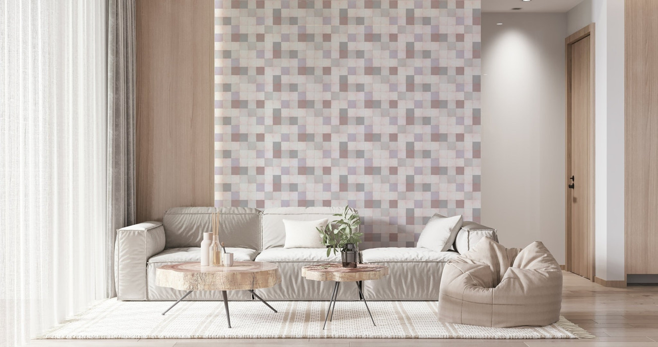Seamless grid pattern of Soft Mosaic Tiles in blush, beige, and grey-blue.