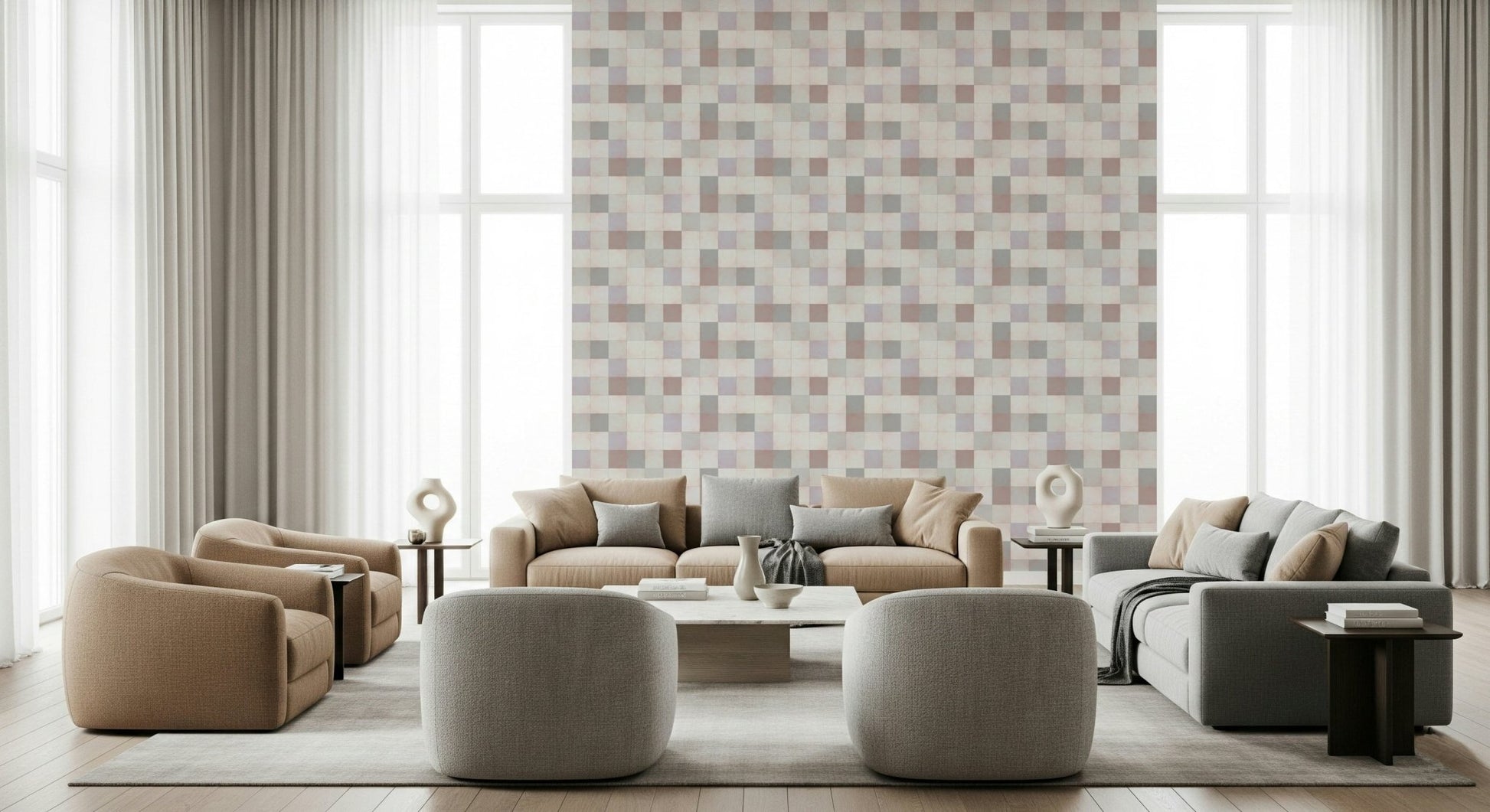 Modern bathroom wall featuring the Soft Mosaic tile wallpaper.