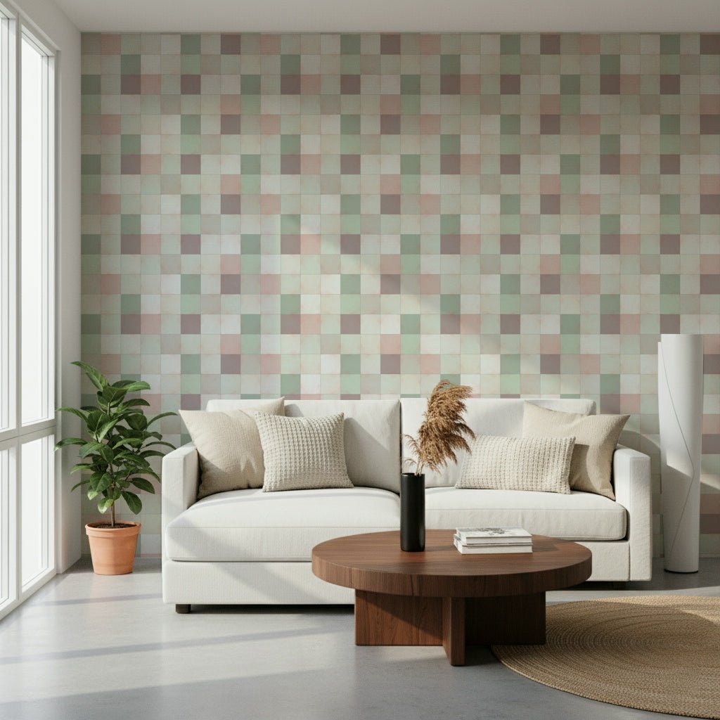 Living room wall featuring the gentle Green Sage checkered pattern.