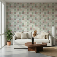 Living room wall featuring the gentle Green Sage checkered pattern.