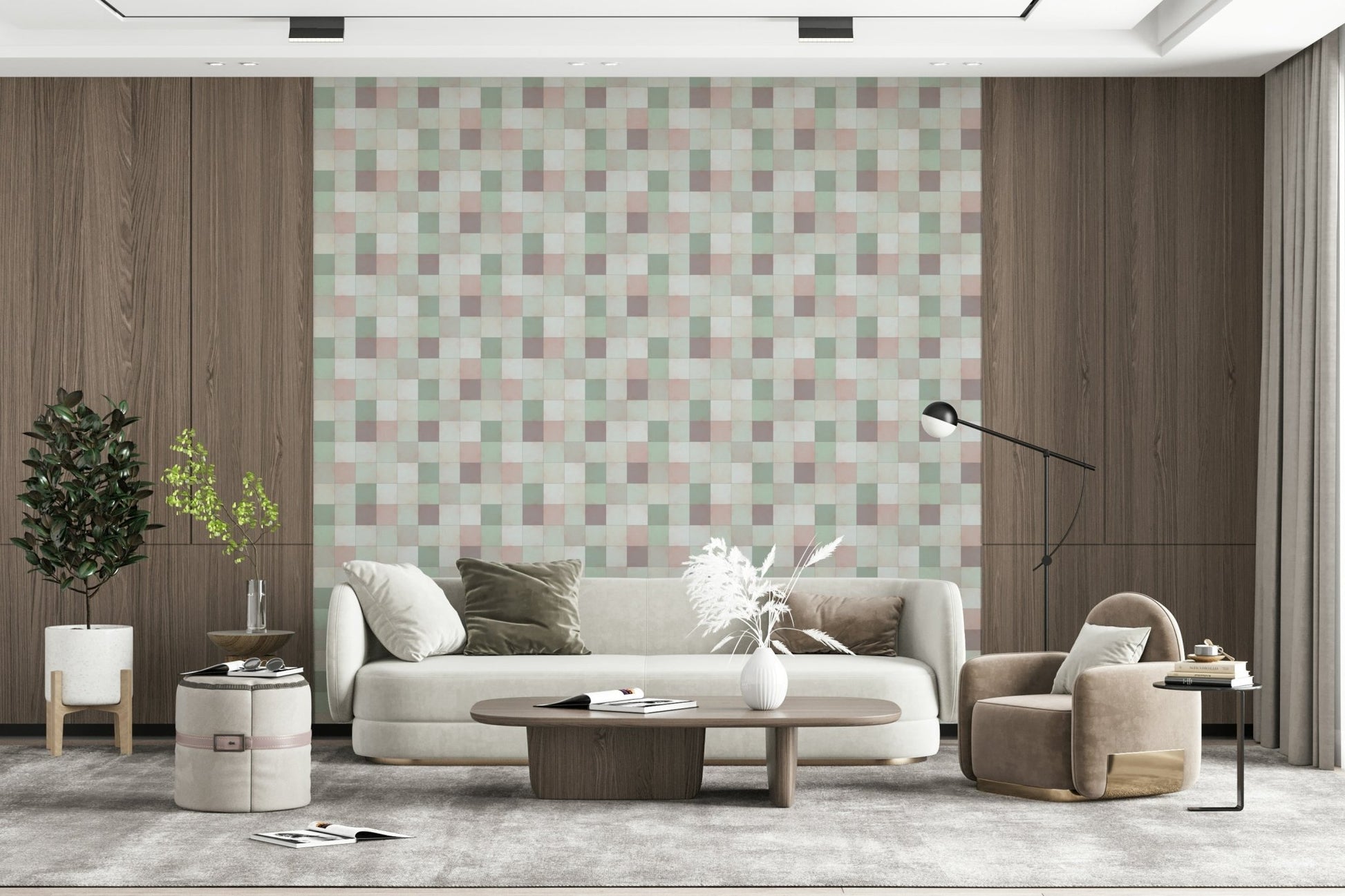 Bedroom accent wall using the Soft Mosaic watercolor grid design.