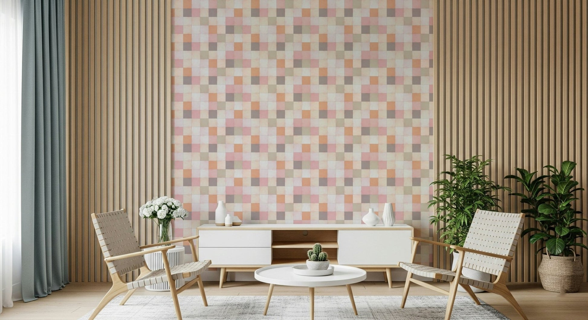 Bedroom accent wall using the Soft Mosaic warm grid pattern.