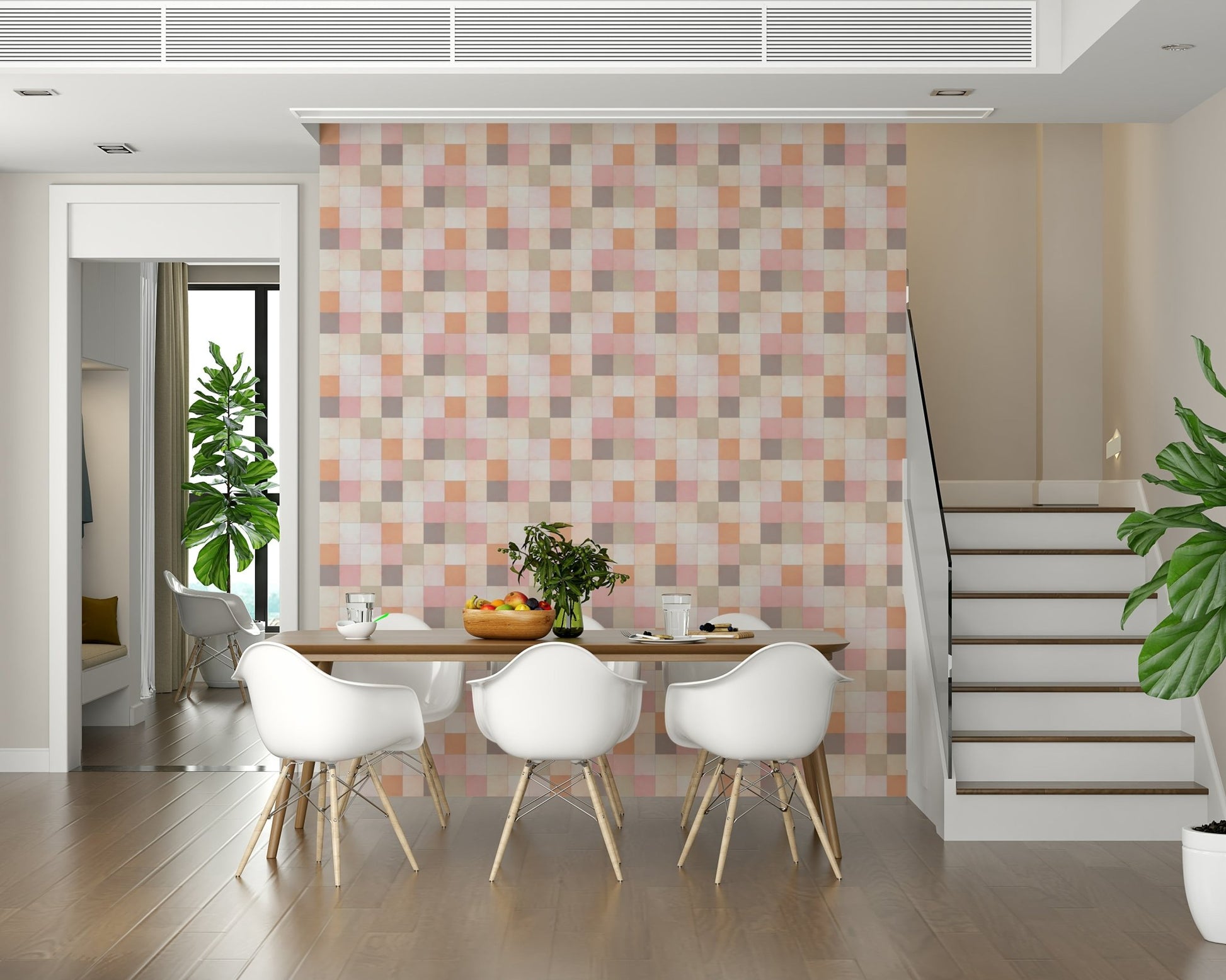 Hallway brightened by the Soft Mosaic pastel square pattern.