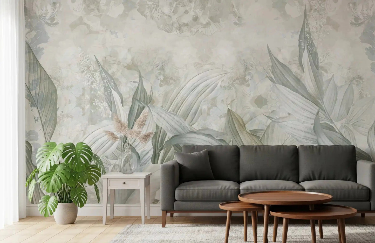 Pale sage leaves spread across Soft Neutral Botanical wall mural softly, GD9285