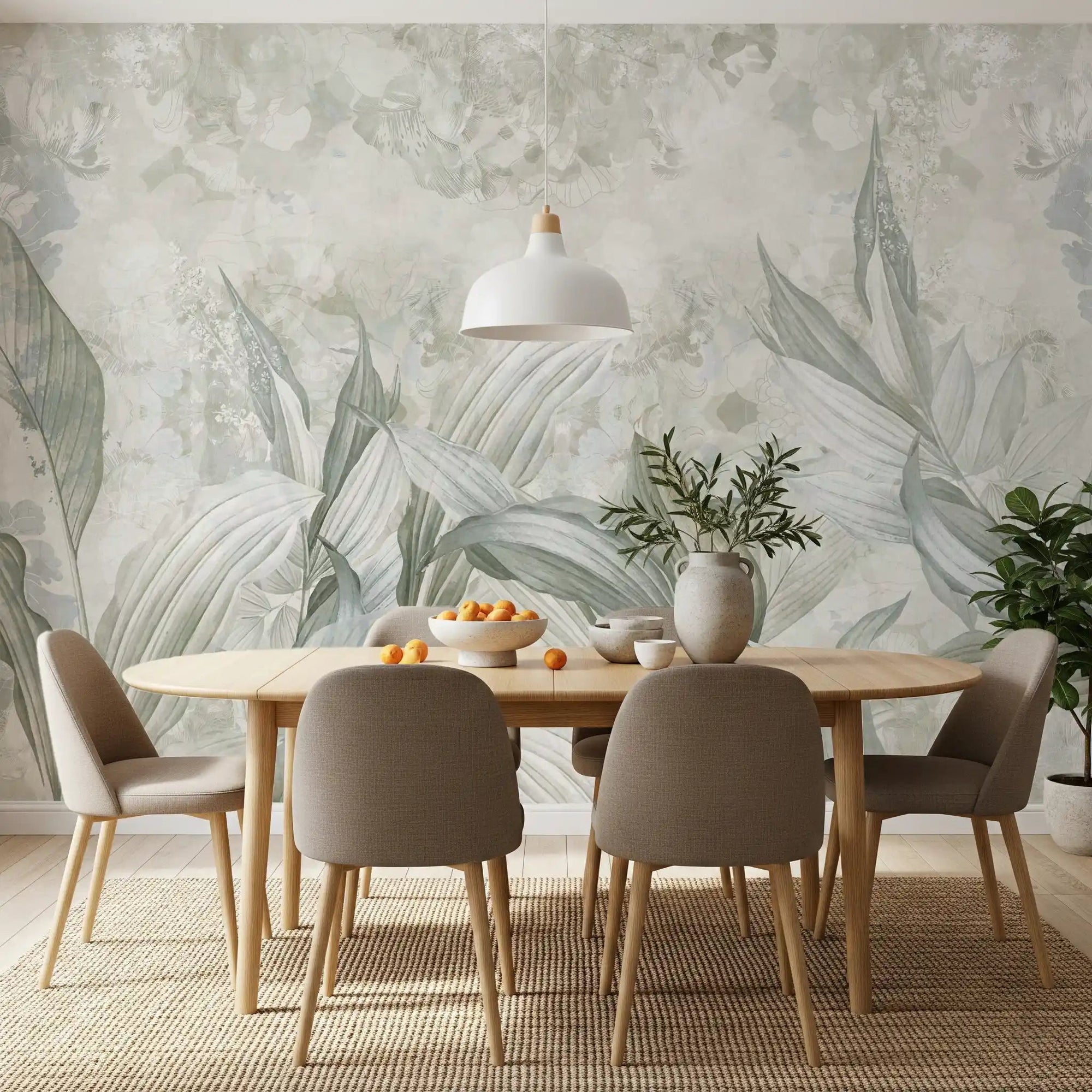 Dining room finished in Soft Neutral Botanical wall mural with muted botanical layers, GD9285