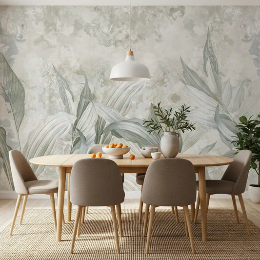 Dining room finished in Soft Neutral Botanical wall mural with muted botanical layers