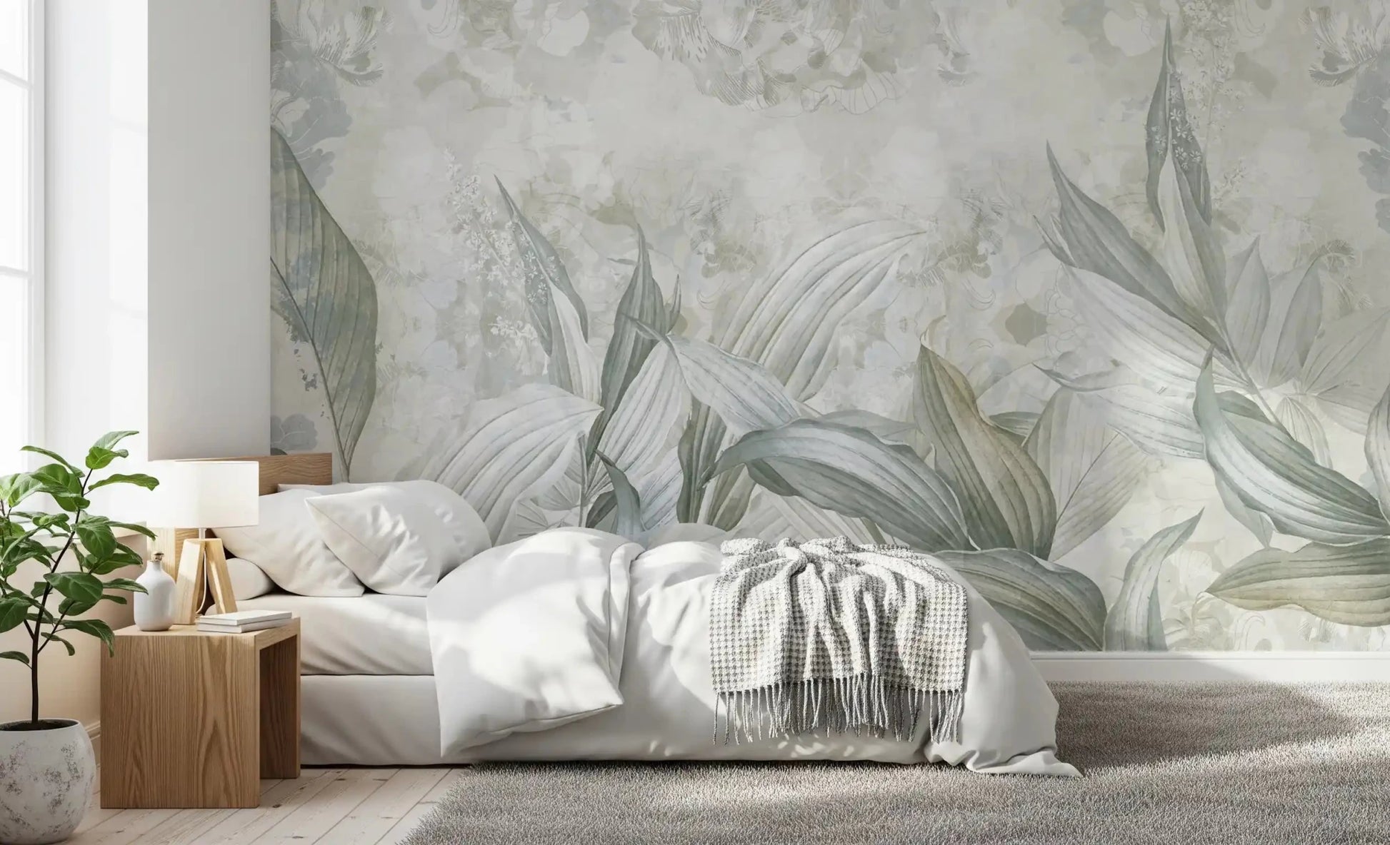 Bedroom wall featuring Soft Neutral Botanical mural with soft sage leaf detail, GD9285
