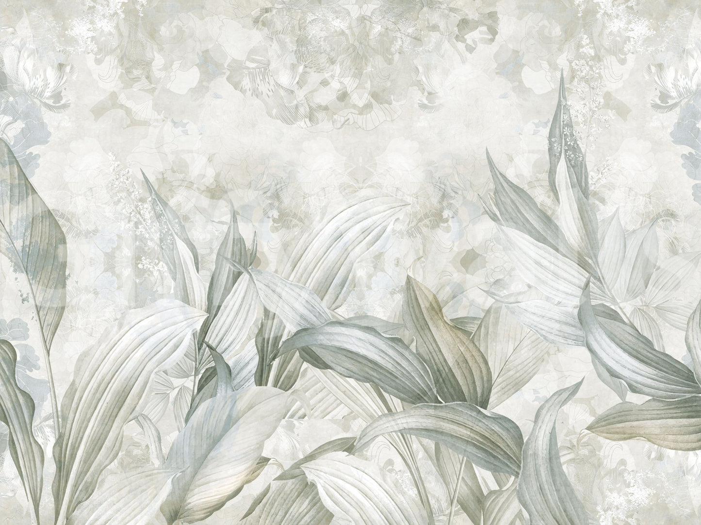 Soft Neutral Botanical wall mural shows layered leaves in beige and sage tones, GD9285