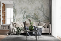 Living room styled with Soft Neutral Botanical wall mural in pale foliage tones, GD9285
