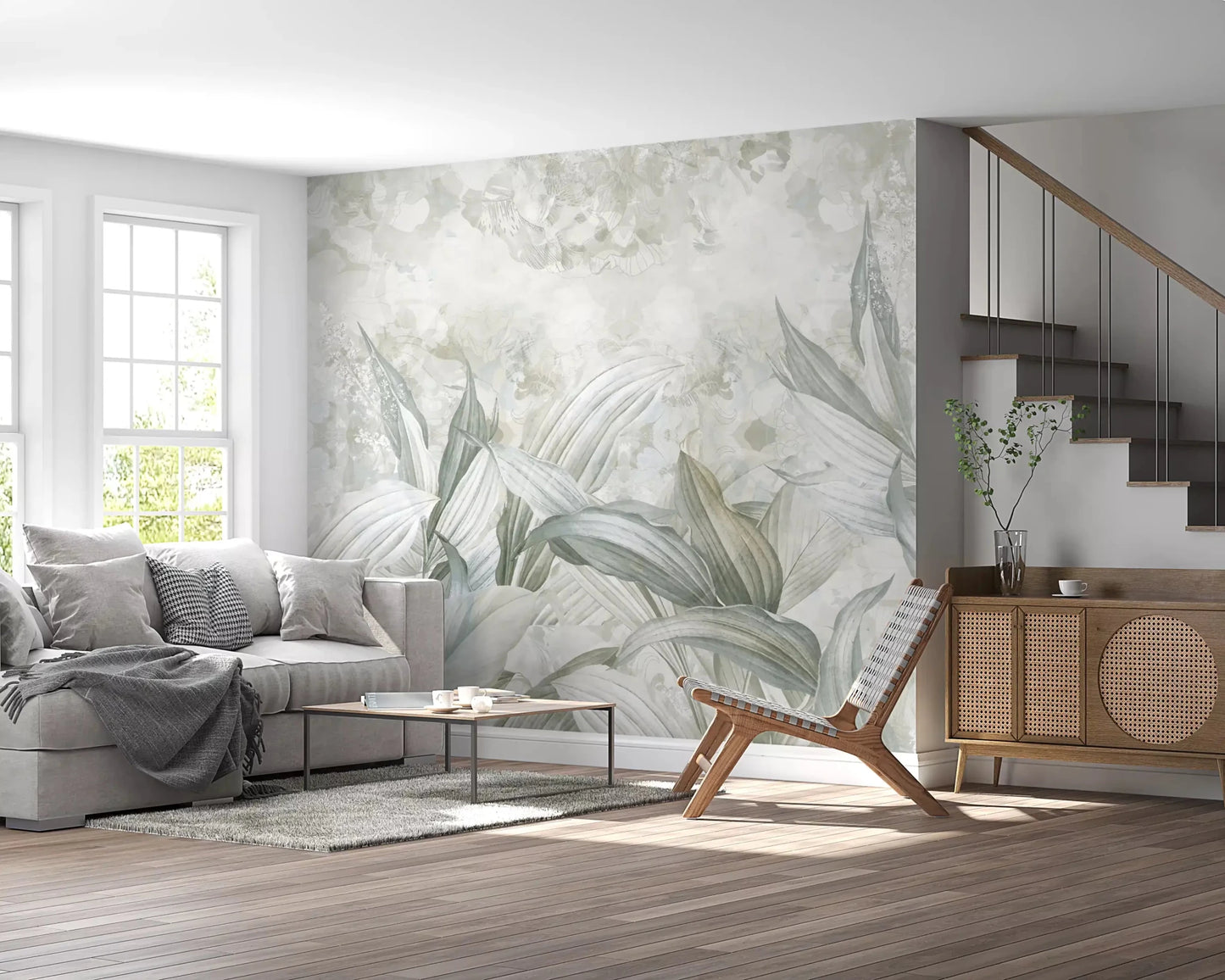 Soft Neutral Botanical wall mural with airy leaves and a pale neutral surface, GD9285