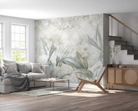 Soft Neutral Botanical wall mural with airy leaves and a pale neutral surface, GD9285