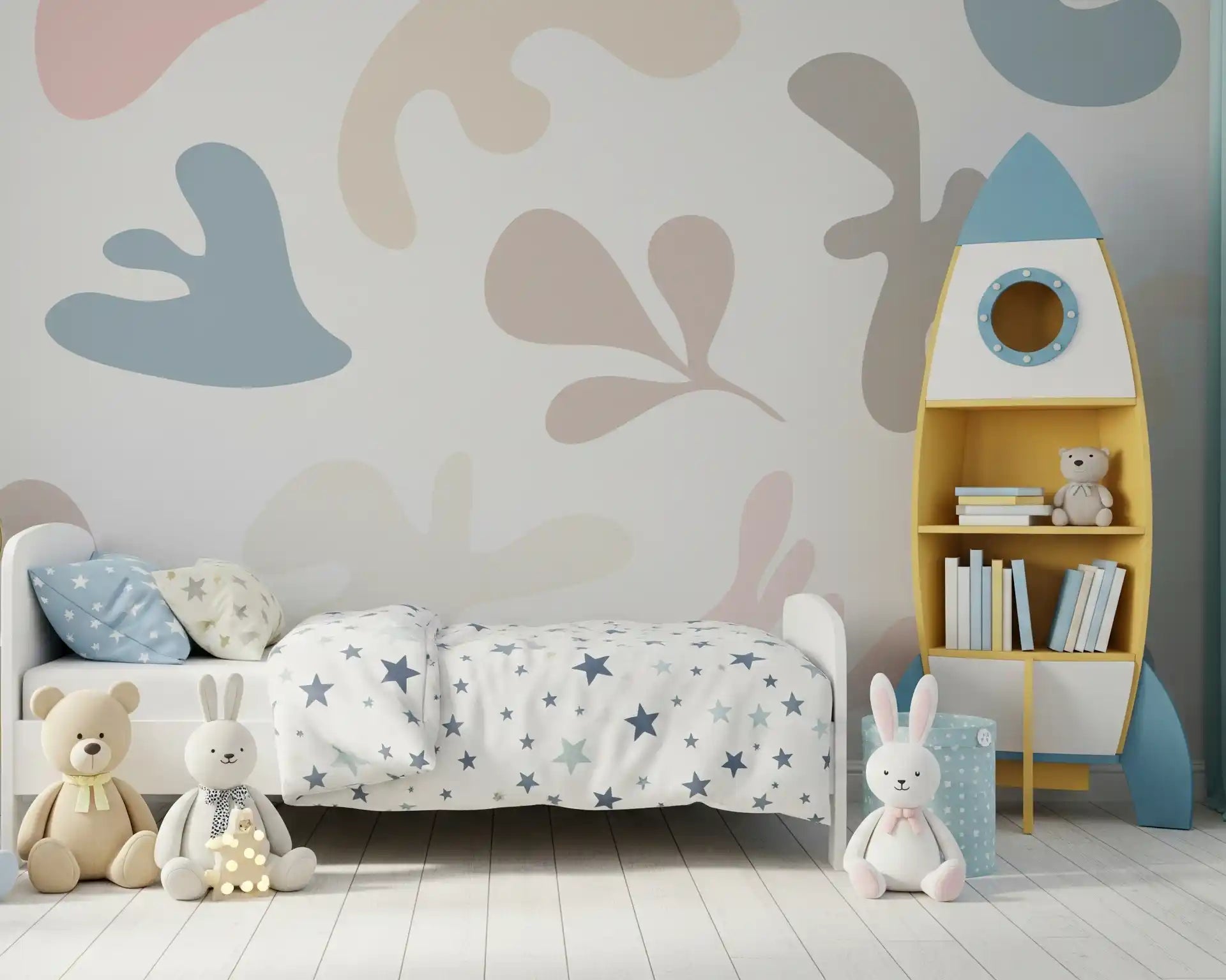 Bedroom styled Soft Organic Shapes mural pastel abstract forms, GD9393