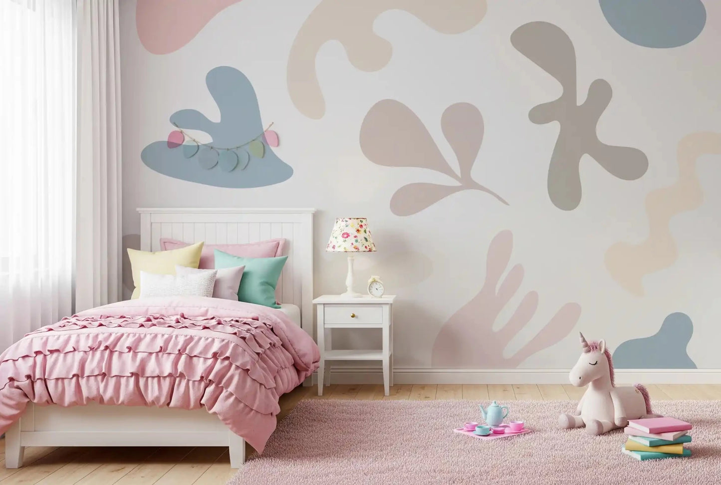 Girls room with Soft Organic Shapes wall mural curved pattern