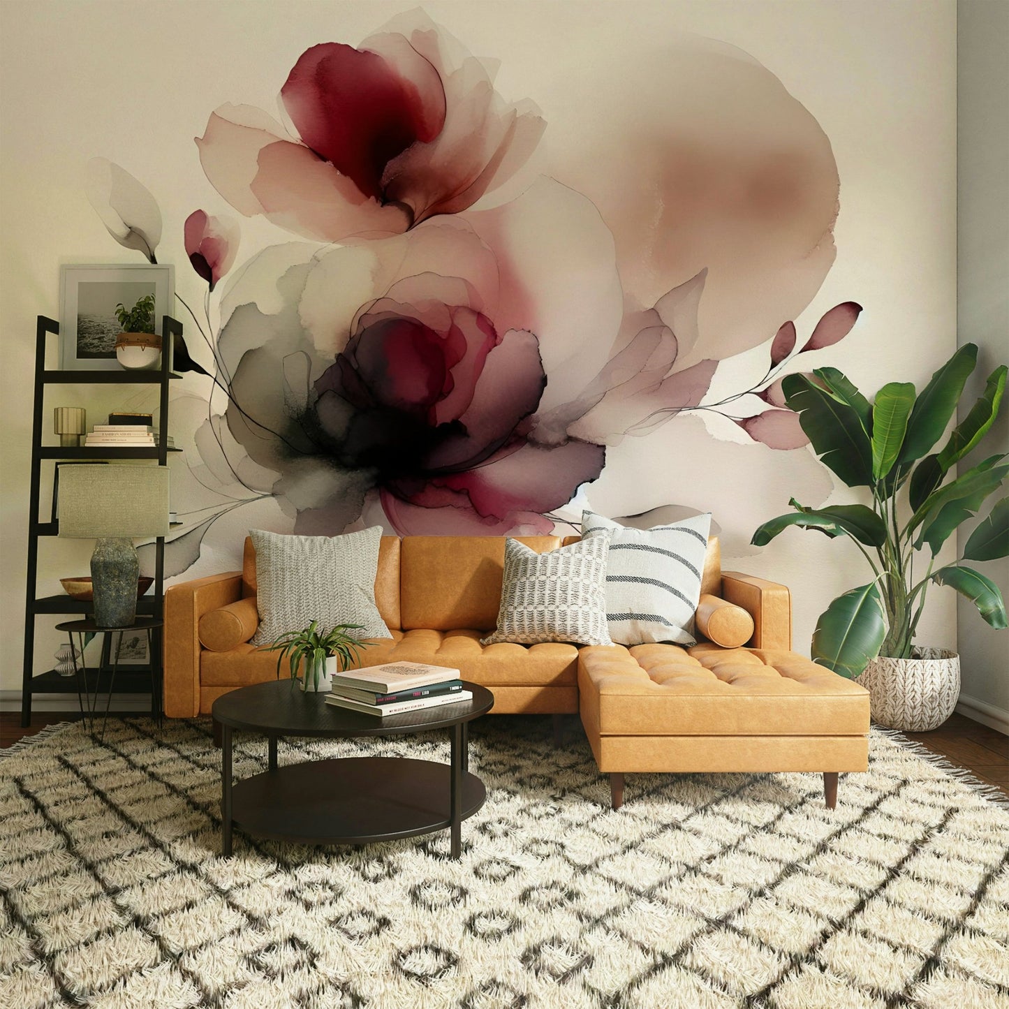 Dreamy petal wall mural in blush and cream tones.

