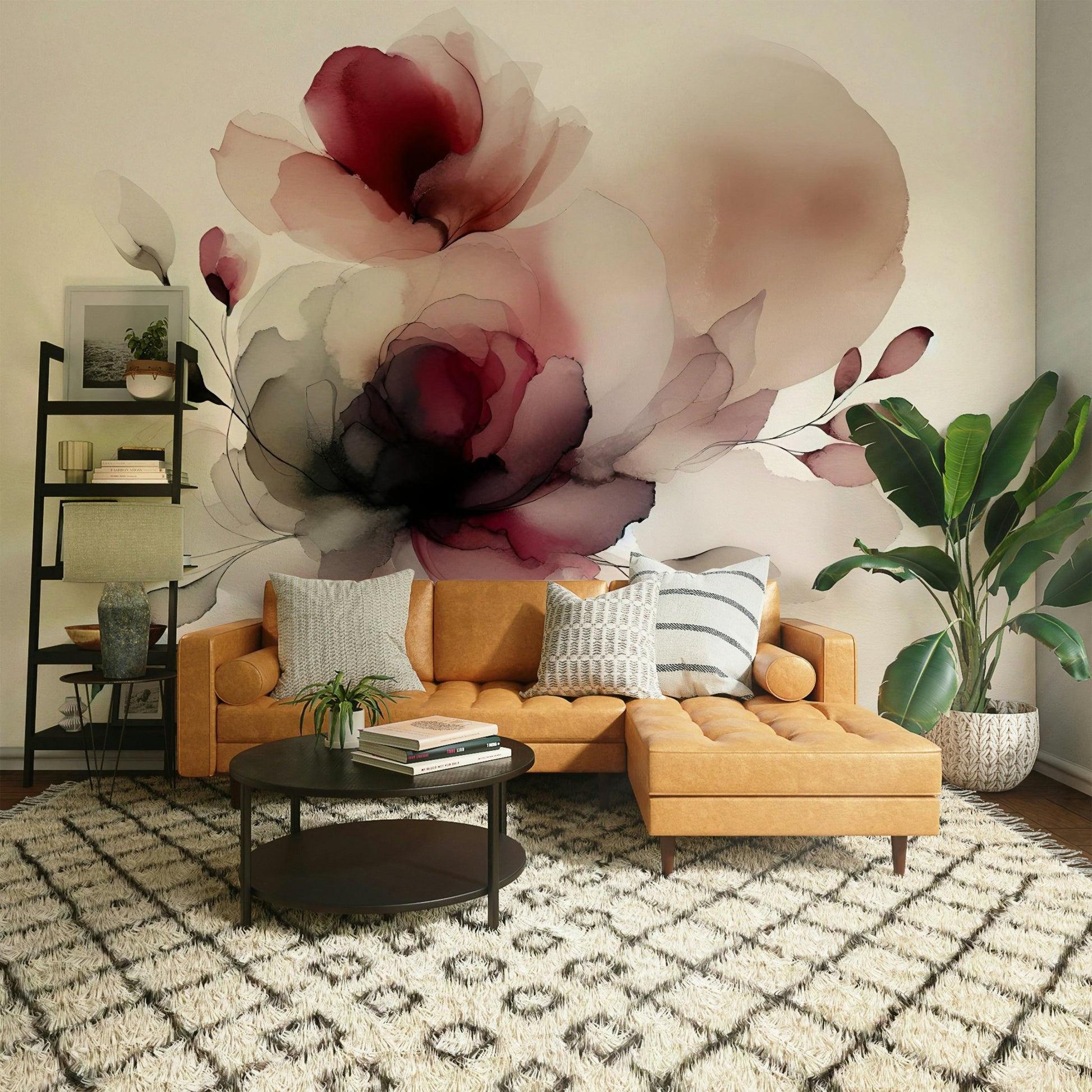 Dreamy petal wall mural in blush and cream tones.

