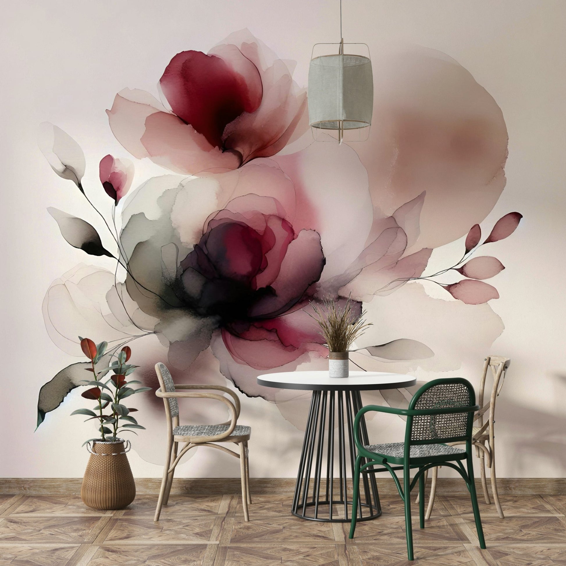 Mural of large-scale petals in a gentle color palette.

