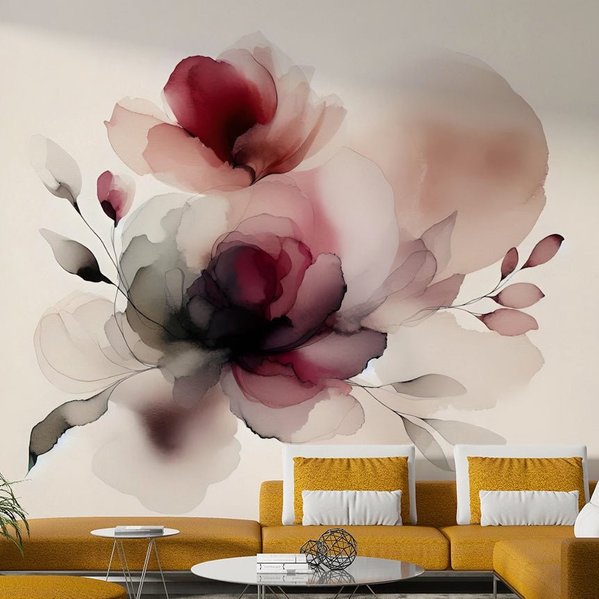 Watercolor-style mural of blooming soft petals.

