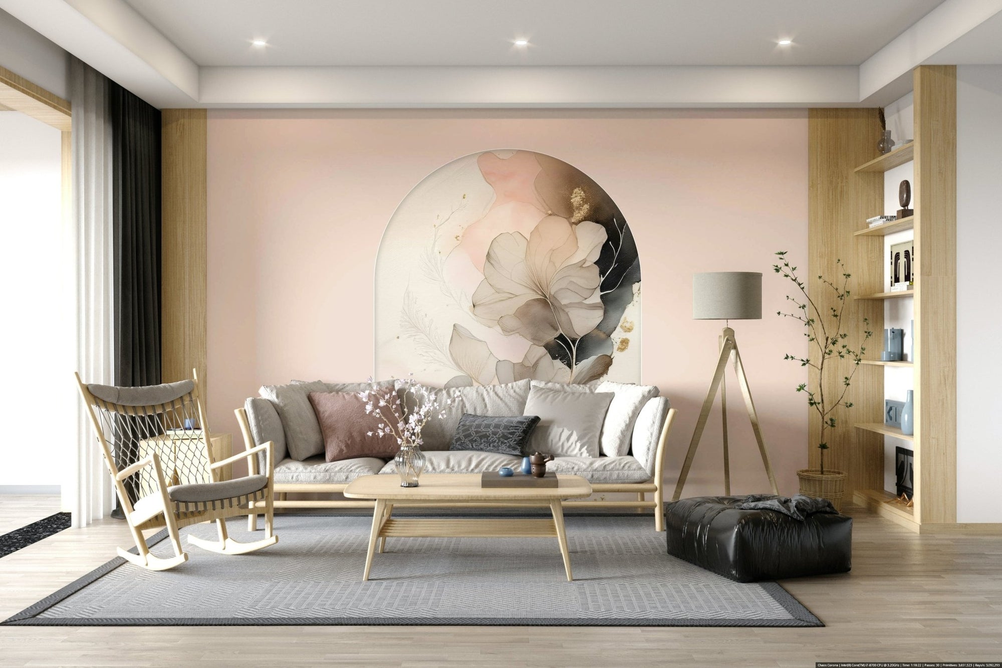 Soft Petal Serenity Wall Mural placed perfectly above a minimalist credenza., GD6328