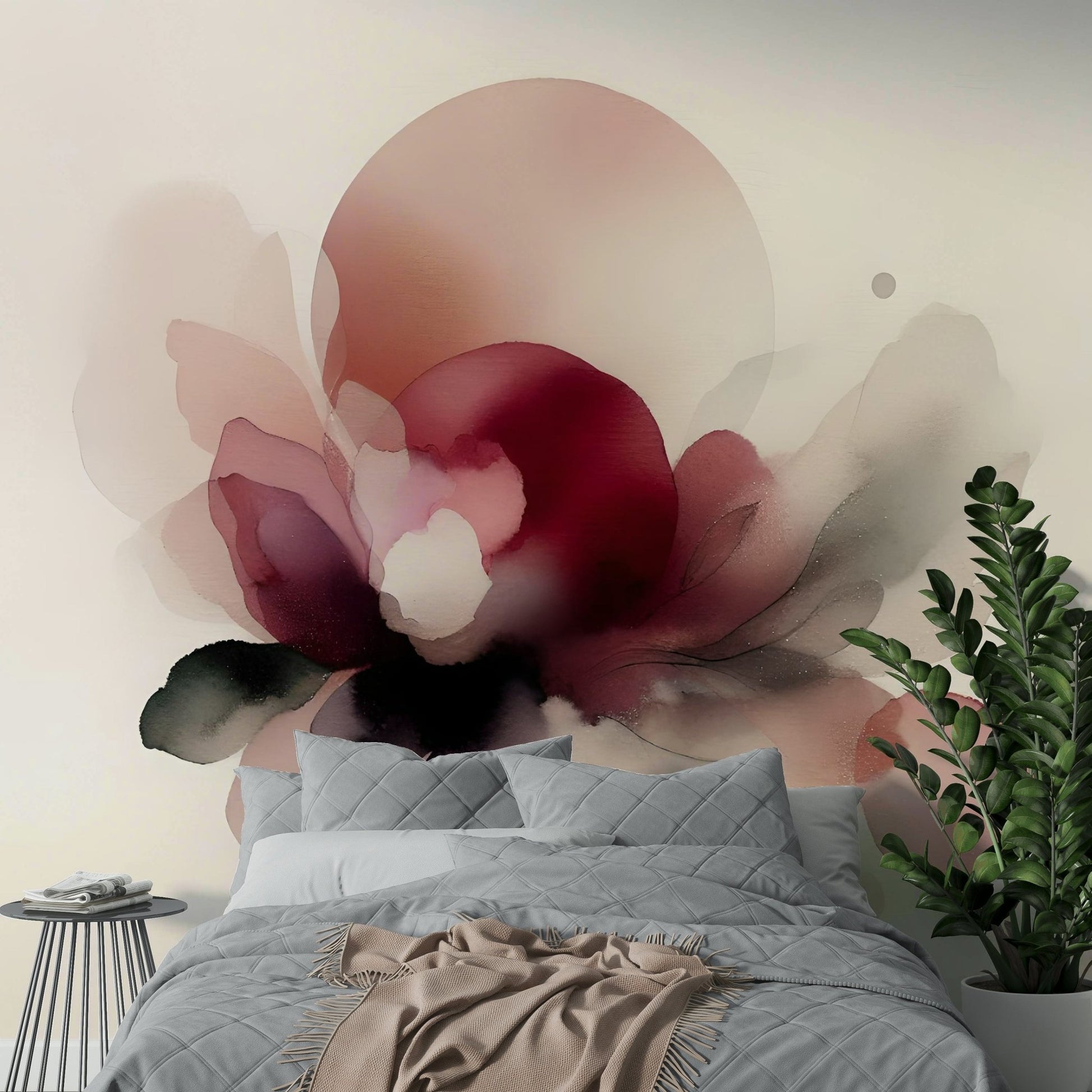 Watercolor-inspired floral mural in blush hues.

