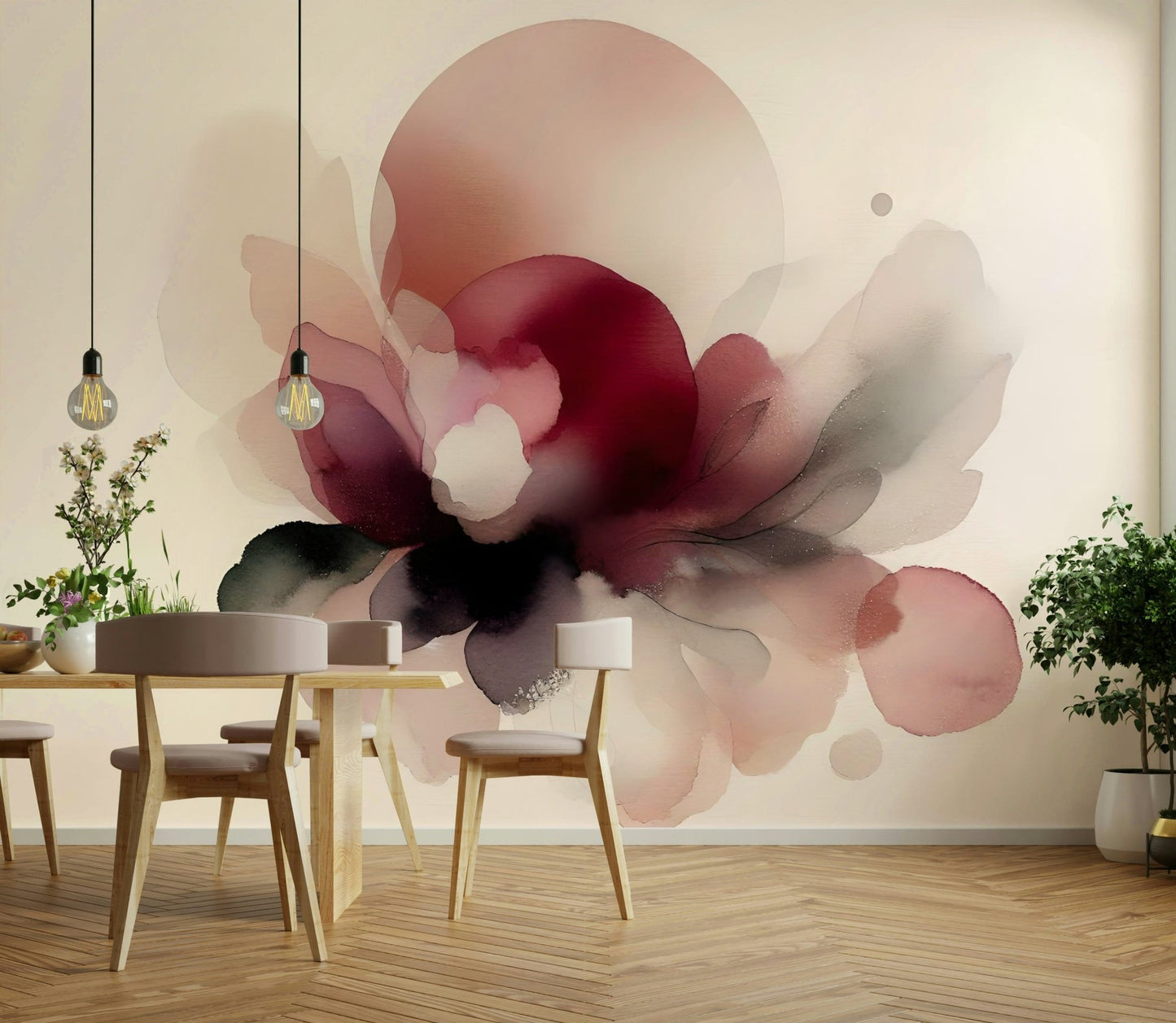 Feminine mural with soft-focus floral elements.

