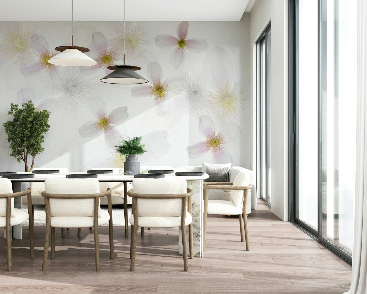 A beautiful modern art wall mural of delicate flowers.